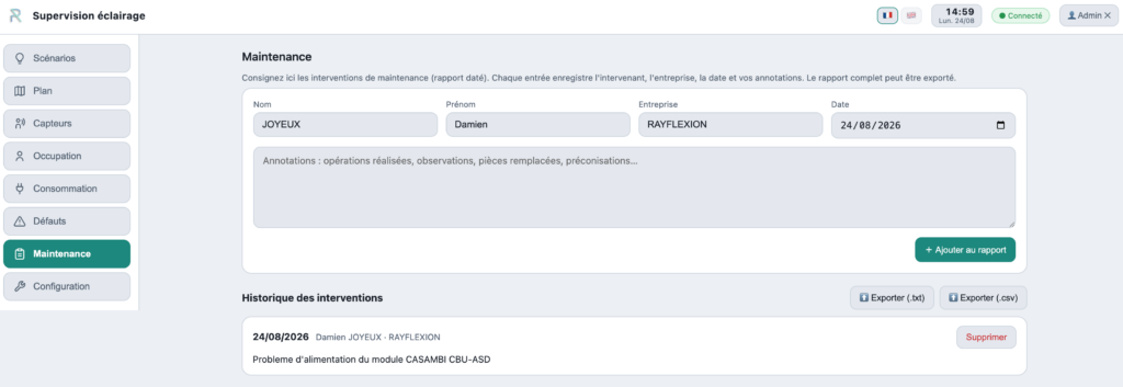 Suivi et historique de maintenance de l'éclairage – RAYVIZION