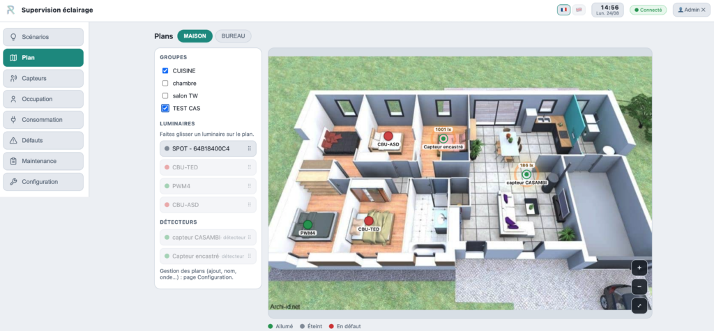 Supervision et gestion des luminaires sur plan de bâtiment – interface RAYVIZION