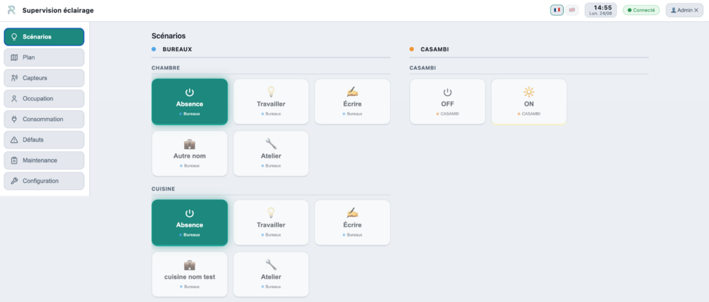 Interface de gestion des scénarios d'éclairage RAYVIZION