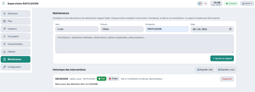 Journal de maintenance de l'éclairage RAYVIZION