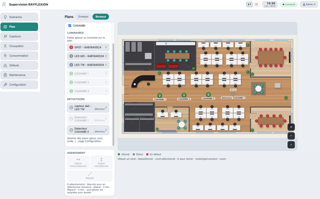 Supervision éclairage RAYVIZION : plan de bureaux avec luminaires et détecteurs